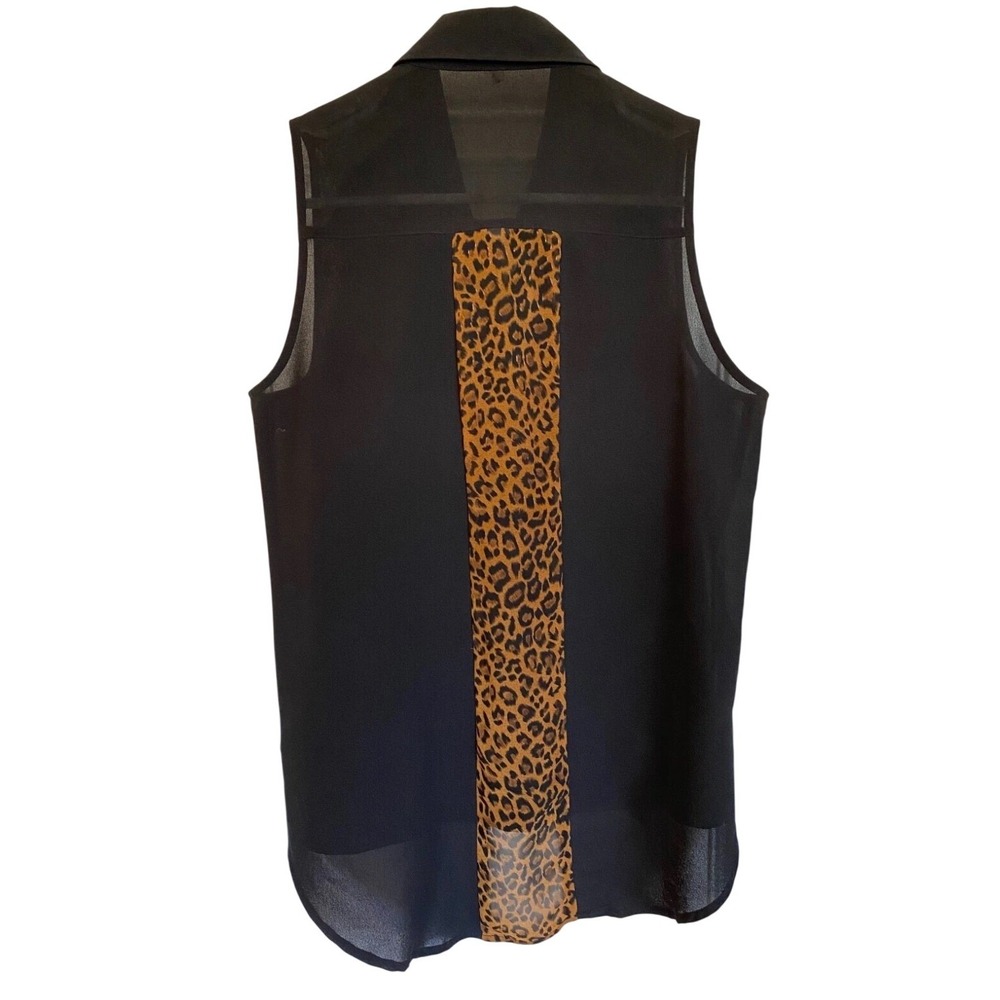 (B5) Windsor Black Sleeveless Chiffon Top Leopard Print Back High Low Blouse S
